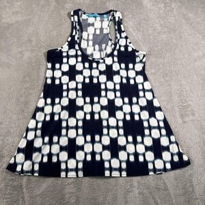 Tori Richard Tank Top Womens Small Navy Blue White Ikat Print Racerback Hawaii
